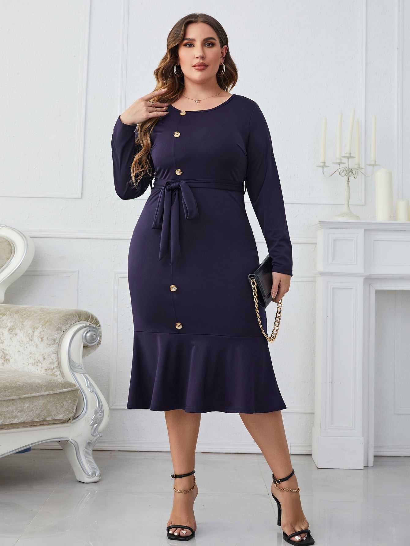 Melo Apparel Plus Size Buttoned Round Neck Tie Belt Midi Dress