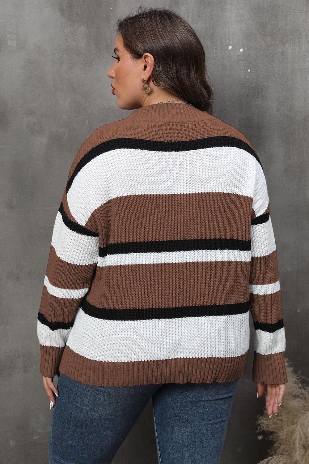 Plus Size Striped V-Neck Dropped Shoulder Sweater