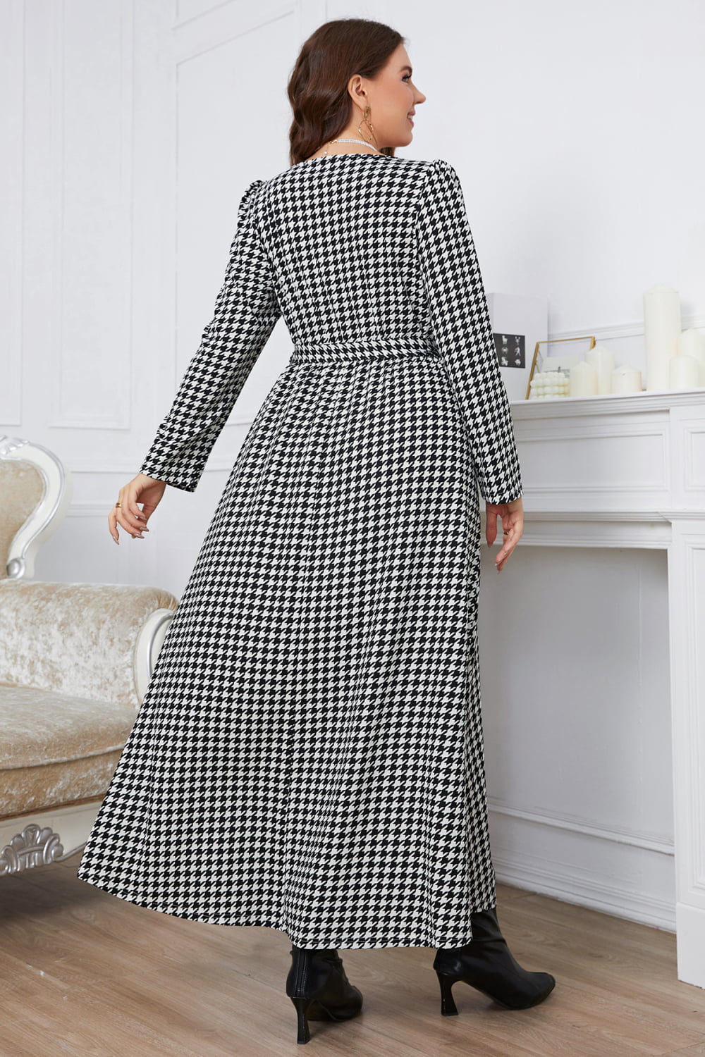 Melo Apparel Plus Size Notched Neck Houndstooth Tie Belt Maxi Dress