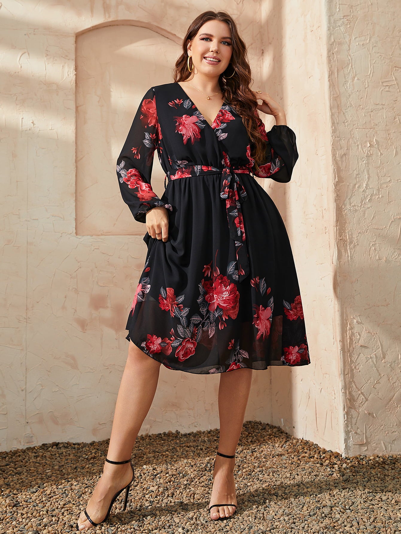 Plus Size Floral Surplice Neck Tie Waist Dress