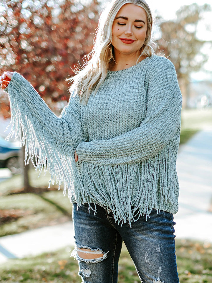 Plus Size Round Neck Long Sleeve Fringe Detail Sweater