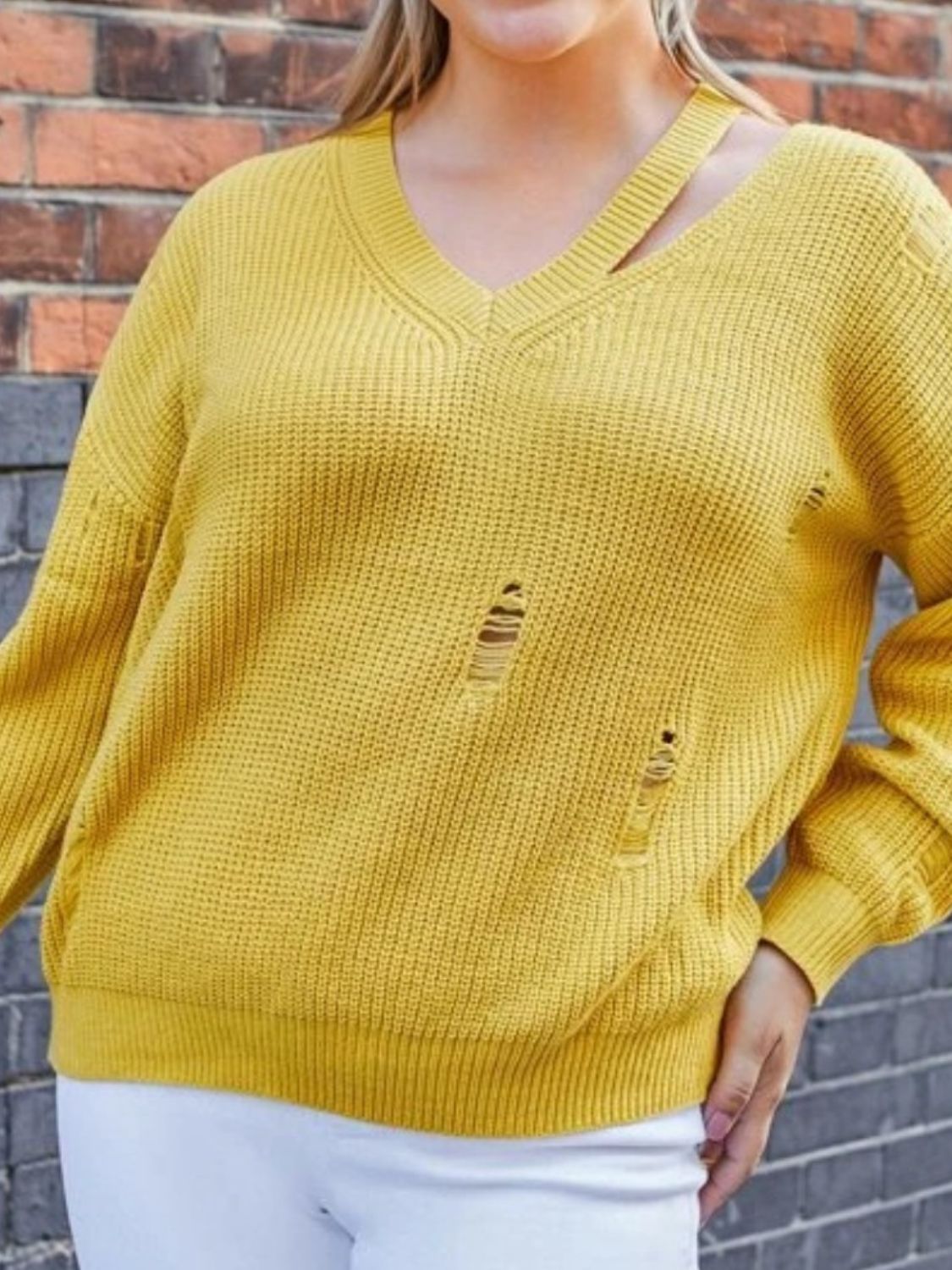 Plus Size Distressed Cutout Dropped Shoulder Sweater