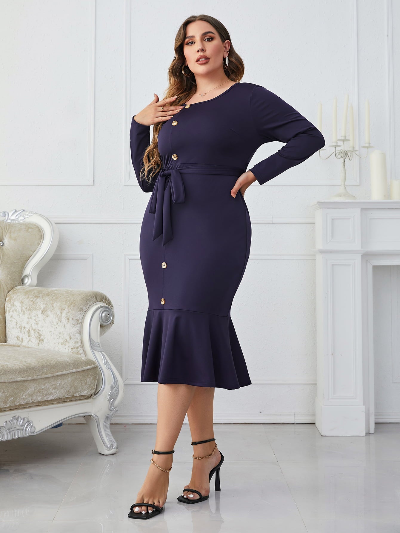 Melo Apparel Plus Size Buttoned Round Neck Tie Belt Midi Dress