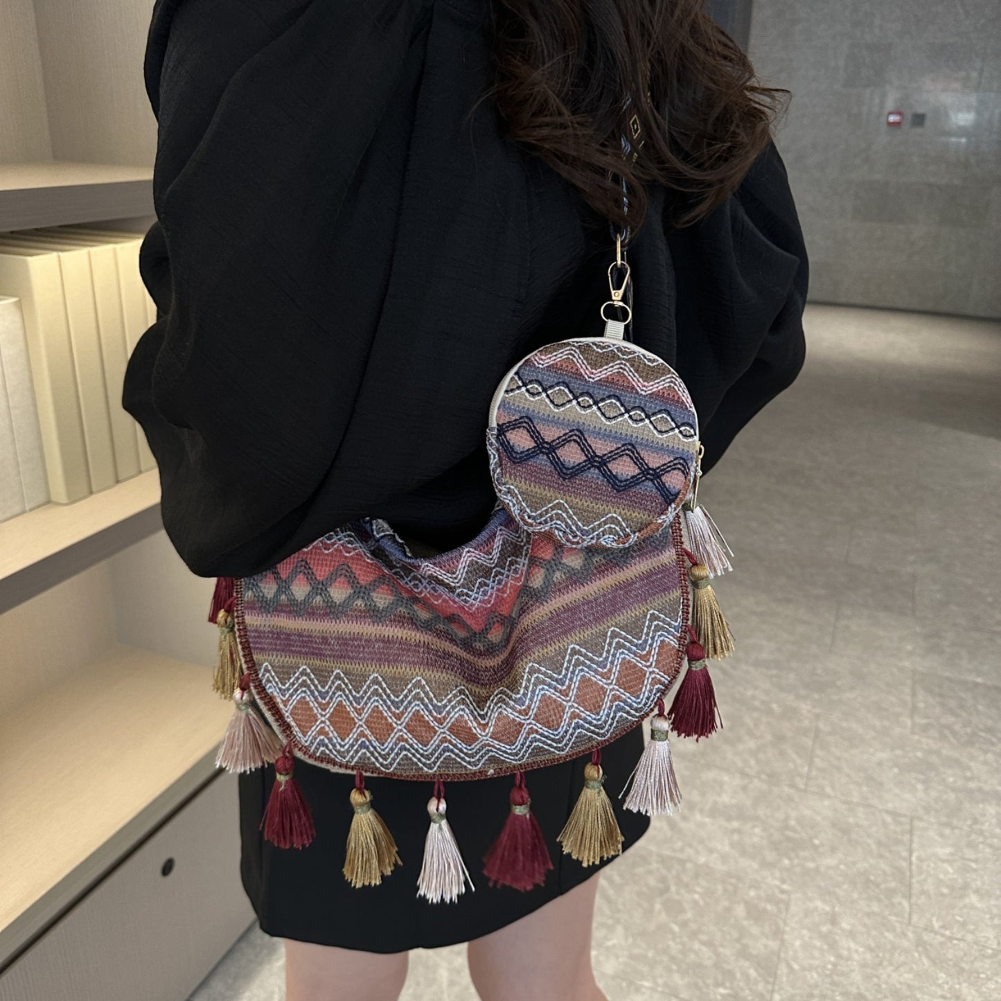 Printed Tassel Detail Crossbody Bag with Small Purse