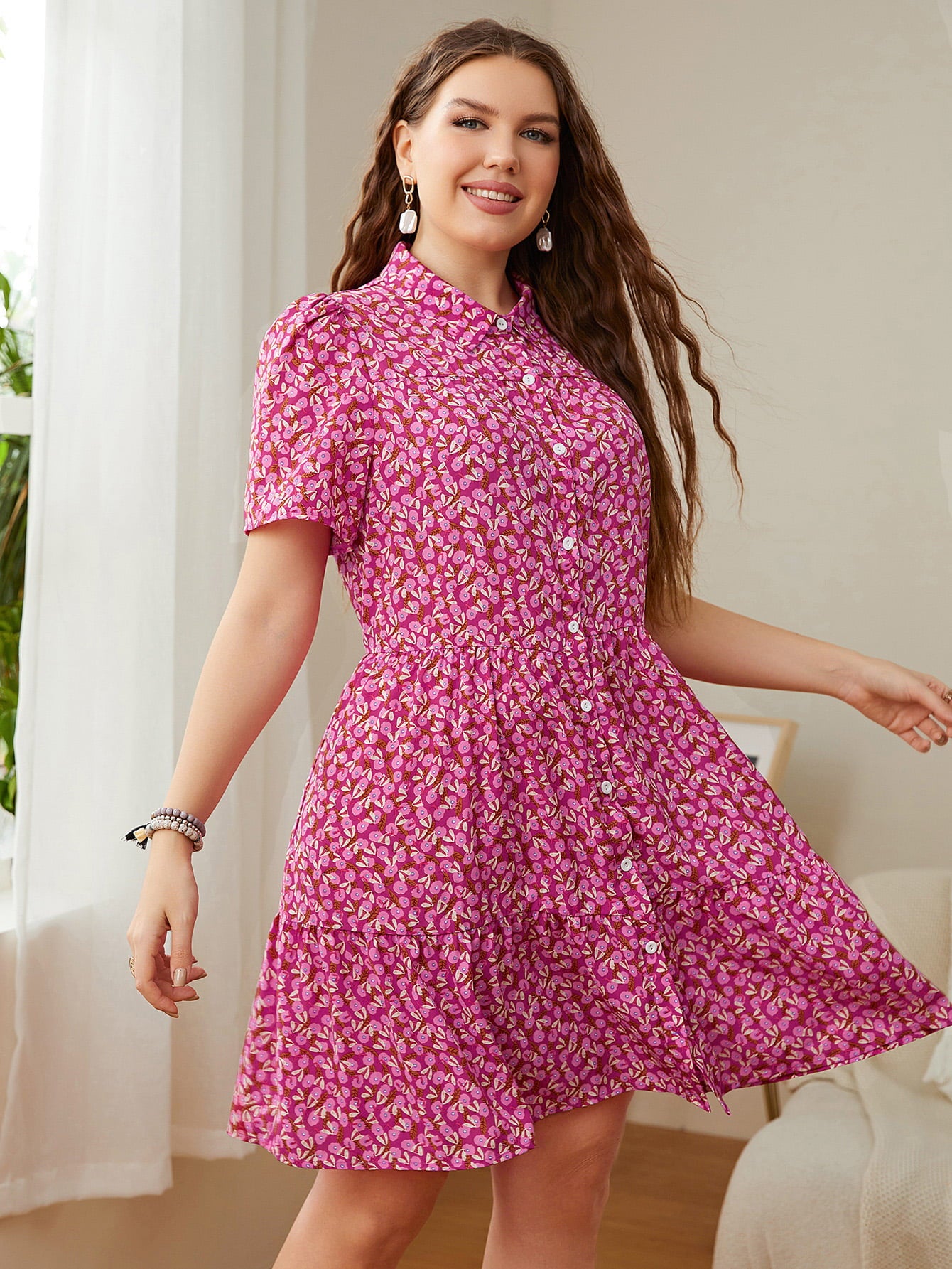 Plus Size Printed Short Sleeve Collared Dress