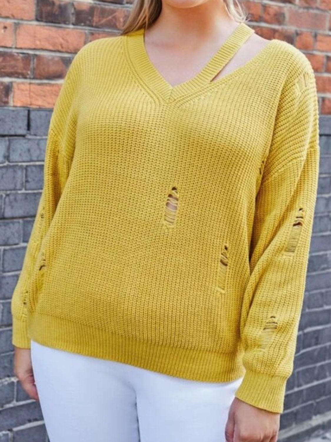 Plus Size Distressed Cutout Dropped Shoulder Sweater