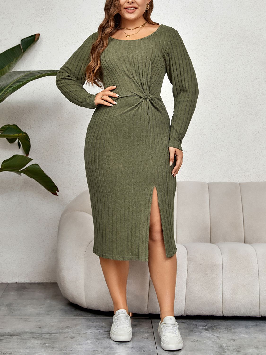 Plus Size Ribbed Round Neck Twisted Slit Midi Dress