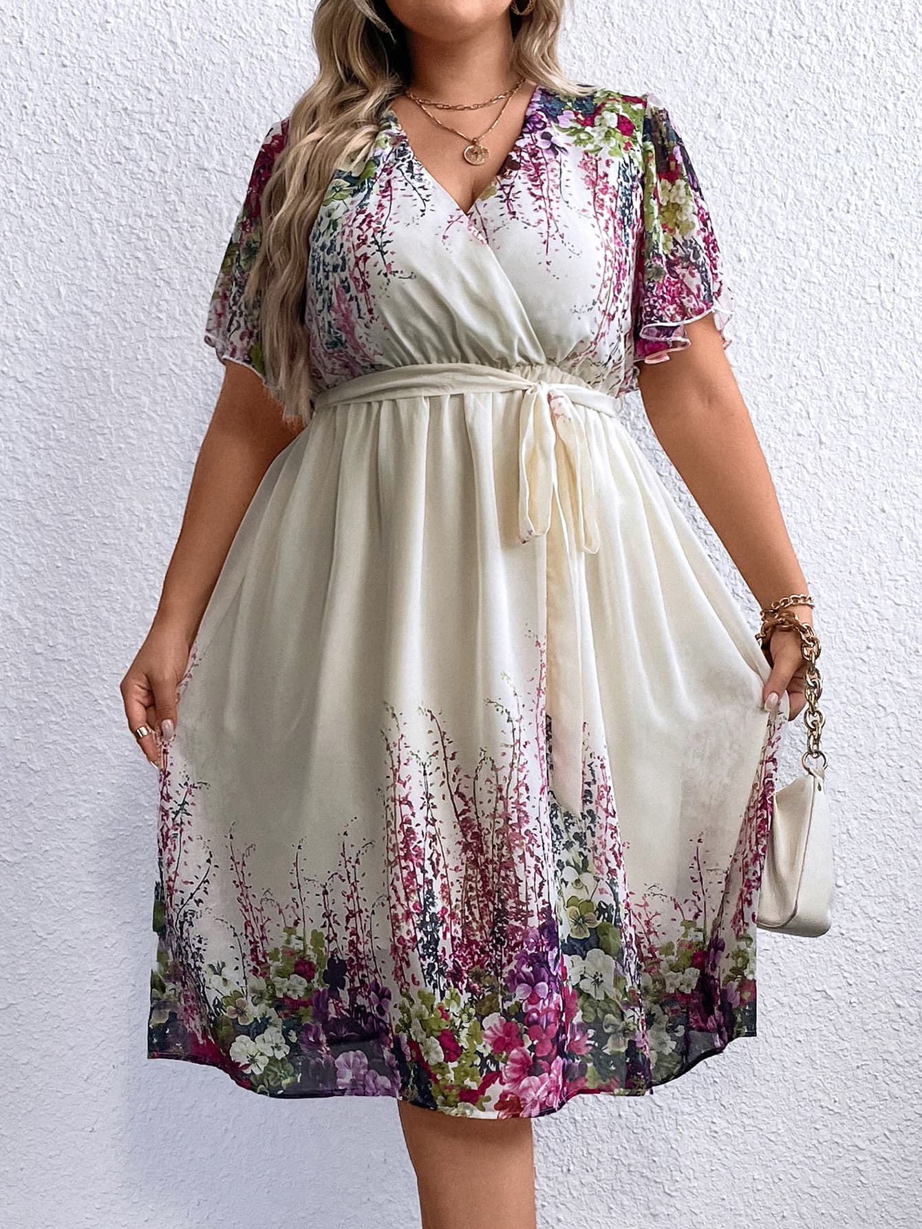 Plus Size Floral Tie Waist Surplice Neck Dress