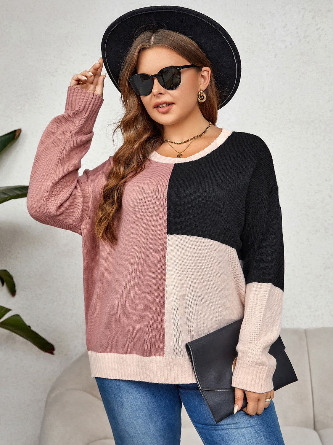 Plus Size Color Block Long Sleeve Sweater