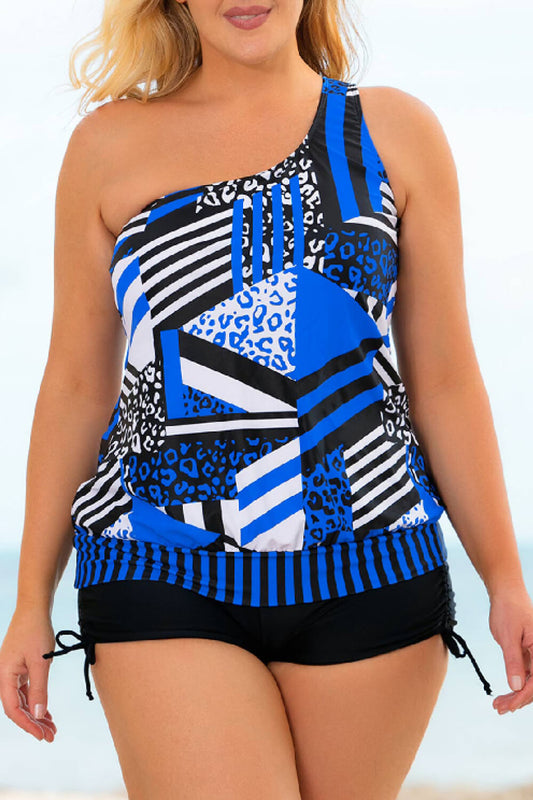 Plus Size Patchwork Tied One-Shoulder Tankini Set