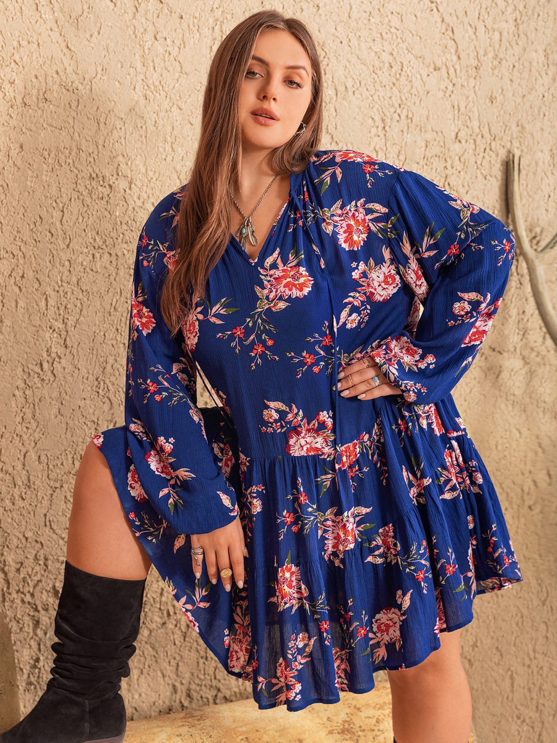 Plus Size Printed Tie Neck Balloon Sleeve Mini Dress