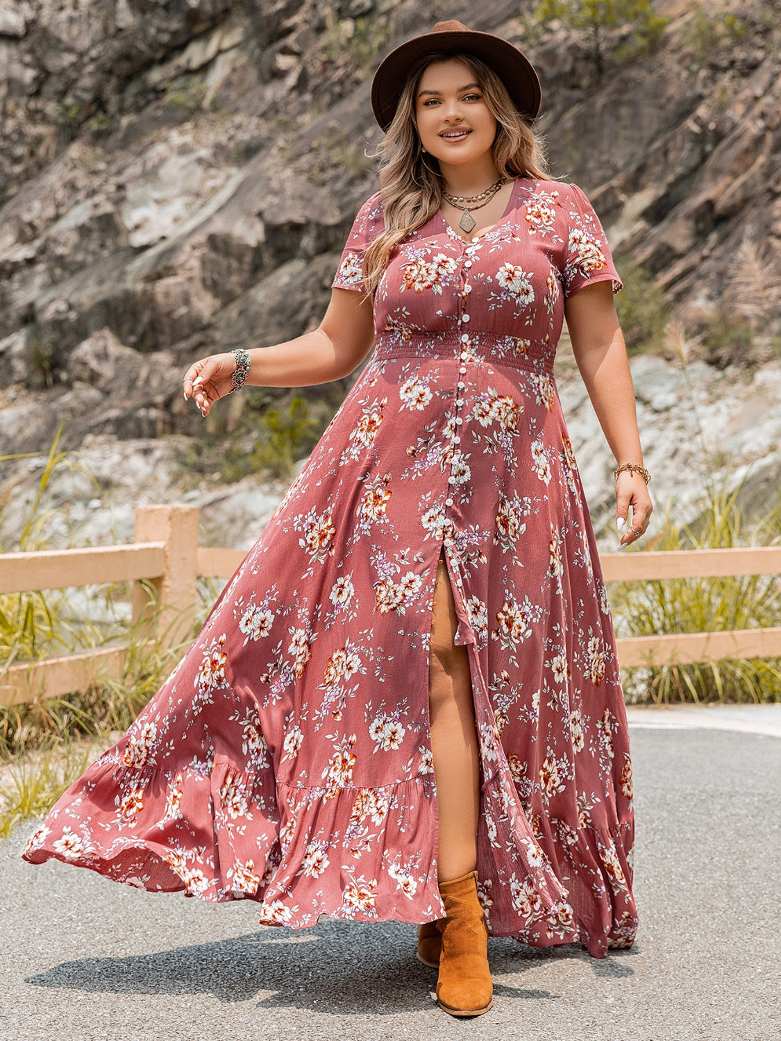 Plus Size Floral Slit Ruffle Hem Dress