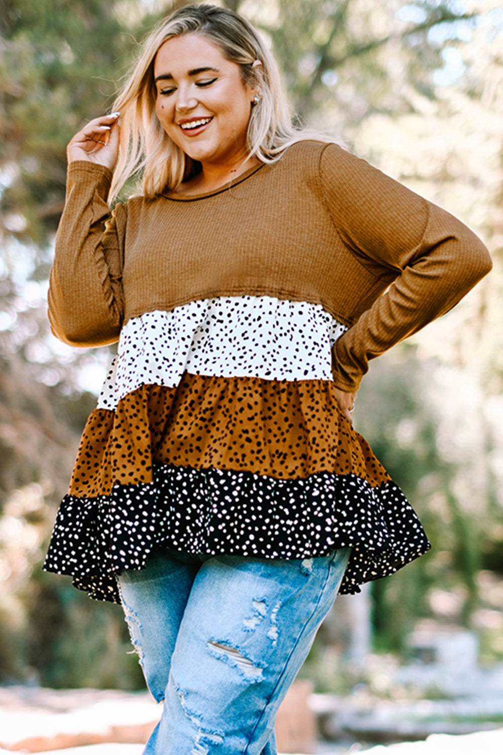 Plus Size Animal Print Color Block Ribbed Babydoll Top