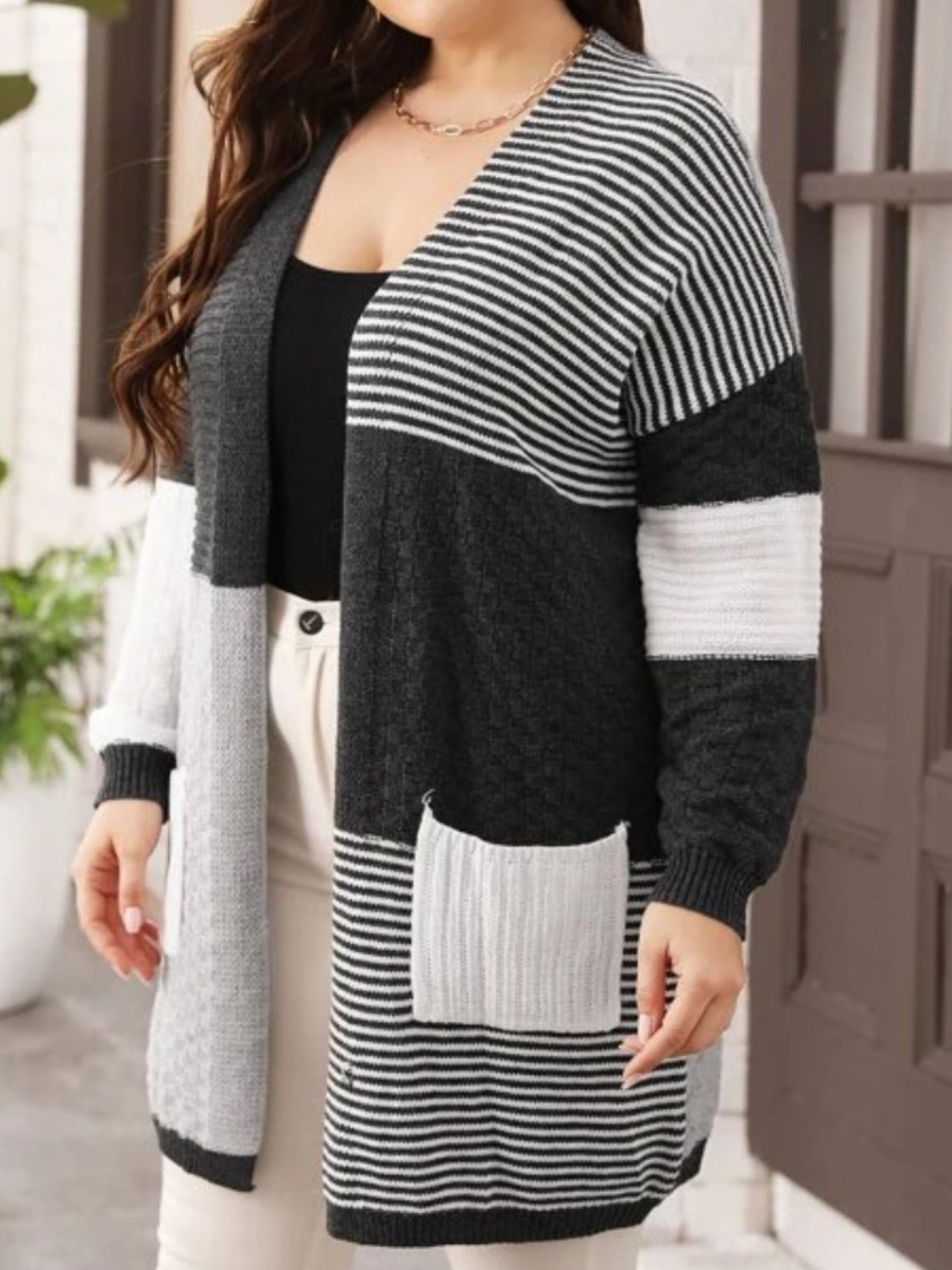 Plus Size Color Block Pocketed Dropped Shoulder Cardigan