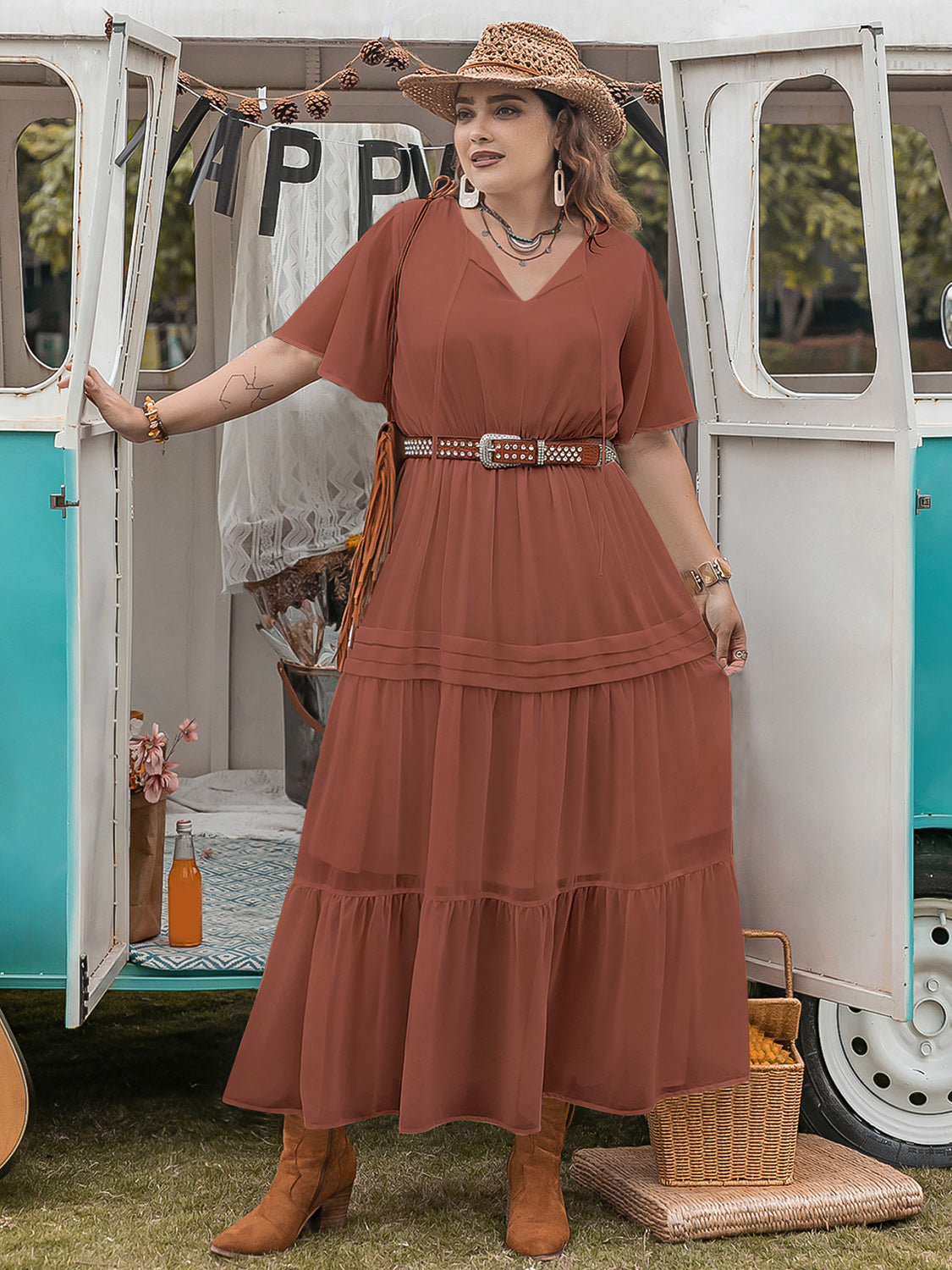 Plus Size Tie Neck Flutter Sleeve Midi Dress