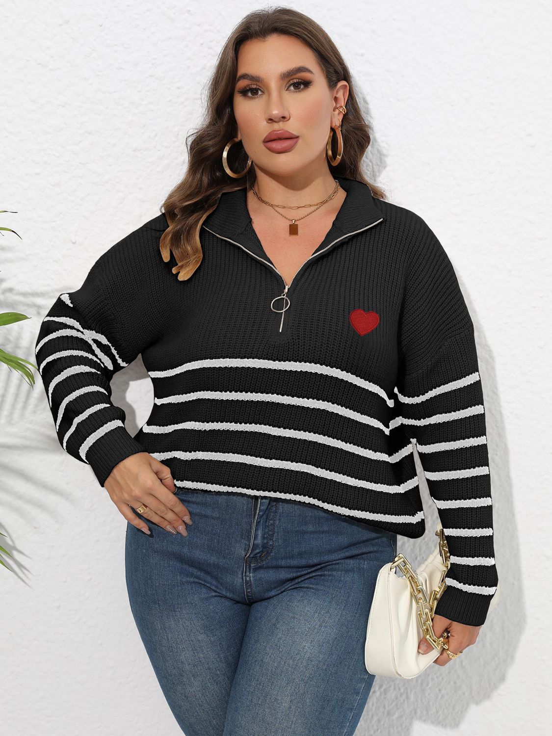 Plus Size Zip-Up Striped Sweater