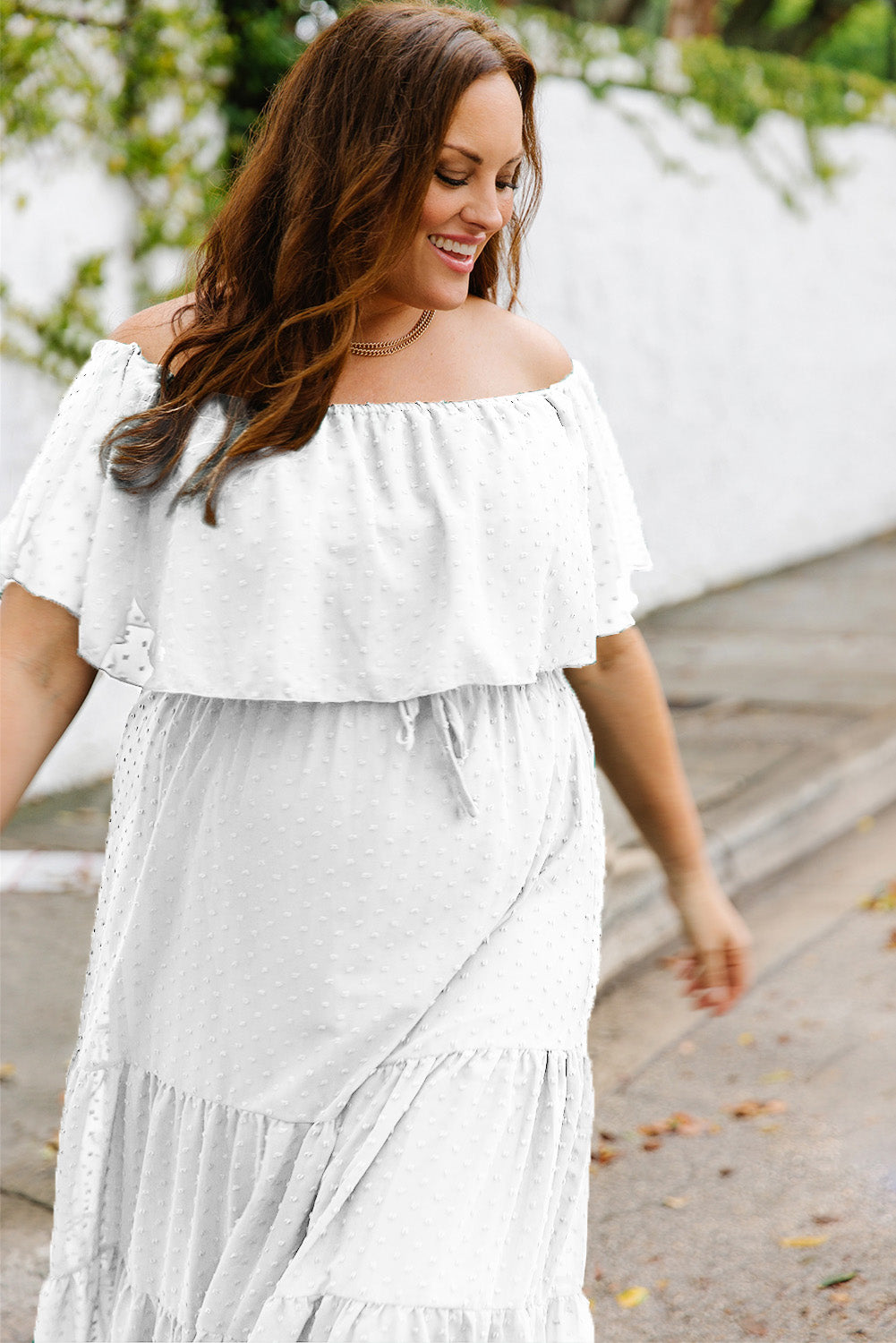 Plus Size Swiss Dot Off-Shoulder Tiered Dress