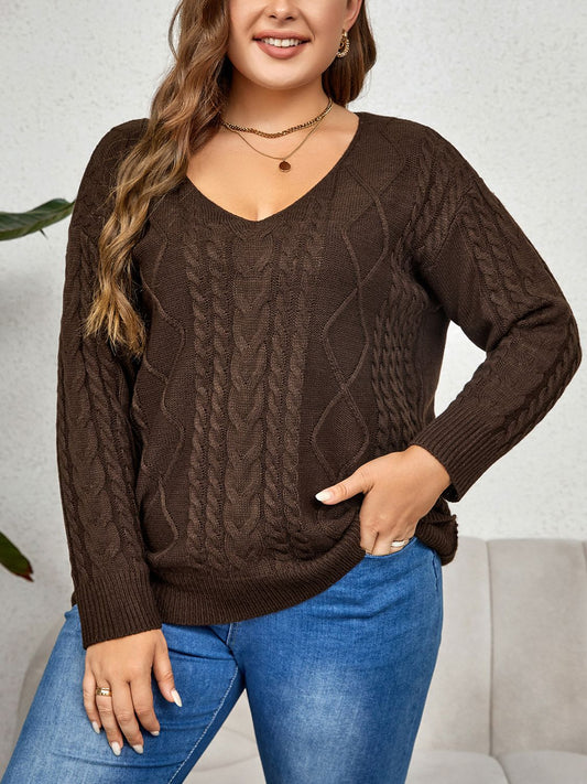 Plus Size V-Neck Cable-Knit Long Sleeve Sweater