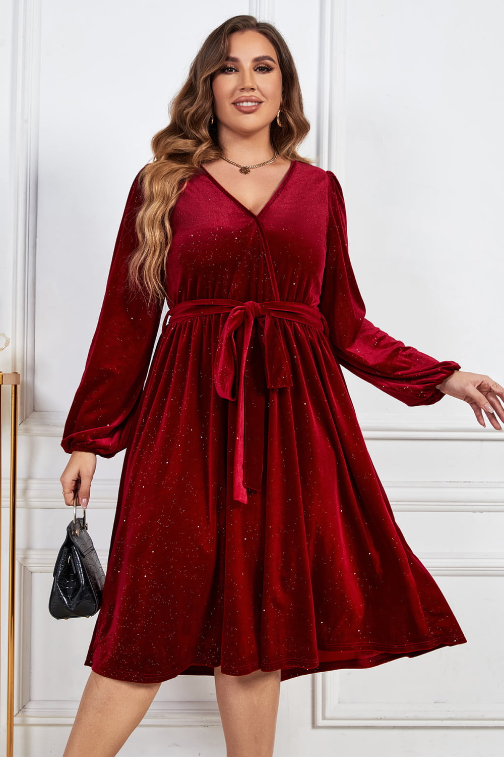 Melo Apparel Plus Size Surplice Neck Balloon Sleeve Tie Belt Midi Dress