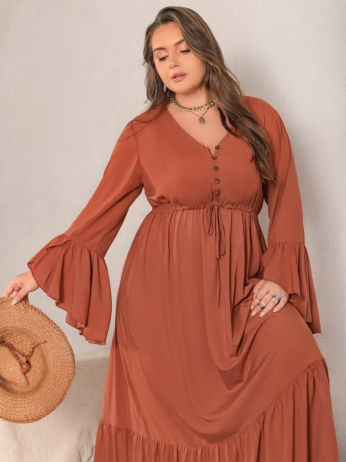 Plus Size V-Neck Flare Sleeve Maxi Dress